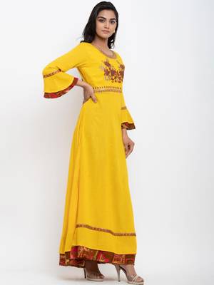 Yellow embroidered cotton ethnic-kurtis 4