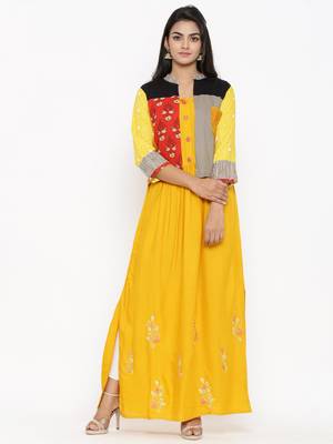 Yellow embroidered cotton ethnic-kurtis 1