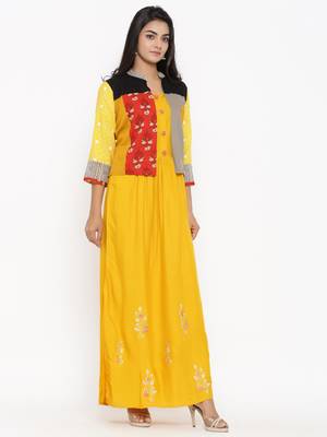 Yellow embroidered cotton ethnic-kurtis 3