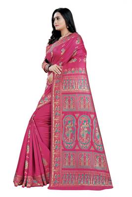 Pink woven baluchari saree with blouse 4