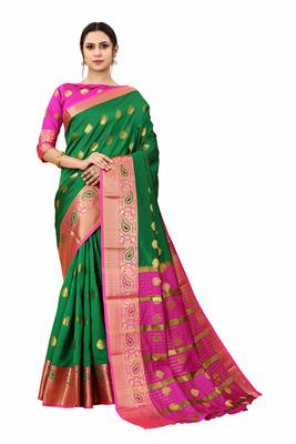 Green woven cotton silk saree with blouse 1
