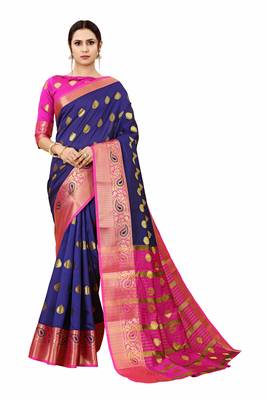Navy blue woven cotton silk saree with blouse 1