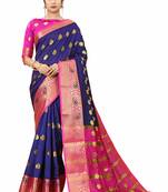 Navy blue woven cotton silk saree with blouse