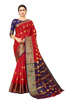 Red woven cotton silk saree with blouse 1