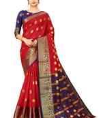 Red woven cotton silk saree with blouse