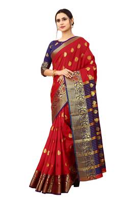 Red woven cotton silk saree with blouse 2