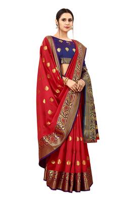 Red woven cotton silk saree with blouse 4