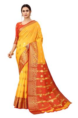 Yellow woven cotton silk saree with blouse 1