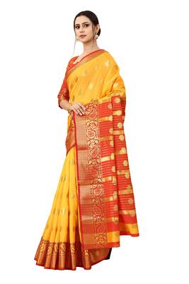 Yellow woven cotton silk saree with blouse 2