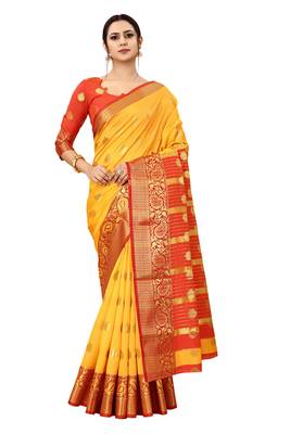 Yellow woven cotton silk saree with blouse 4
