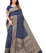 Navy blue woven kanchipuram silk blend saree with blouse