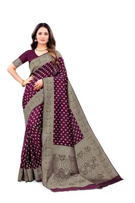 Purple woven kanchipuram silk blend saree with blouse 1
