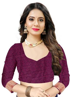 Purple woven kanchipuram silk blend saree with blouse 5