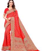 Red woven kanchipuram silk blend saree with blouse