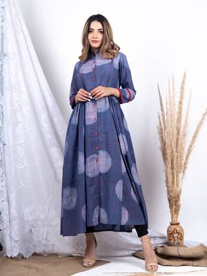 Blue printed cotton long-dresses 1