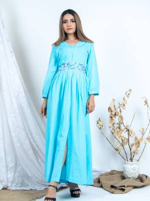 Blue embroidered cotton long-dresses 1