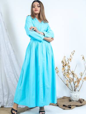 Blue embroidered cotton long-dresses 2