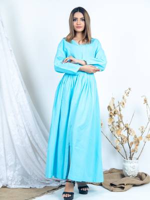 Blue embroidered cotton long-dresses 4