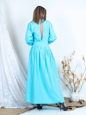 Blue embroidered cotton long-dresses 5