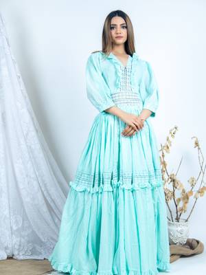 Green plain cotton long-dresses 1