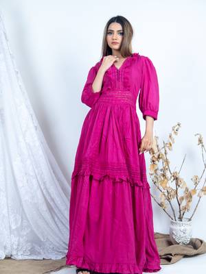 Pink plain cotton long-dresses 1