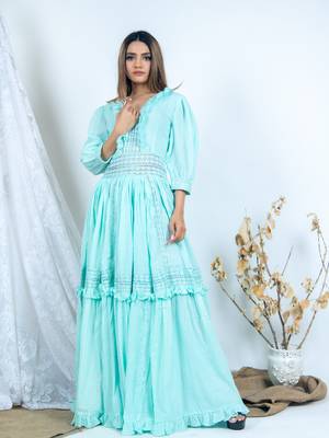 Green plain cotton long-dresses 2