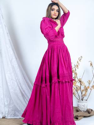 Pink plain cotton long-dresses 2