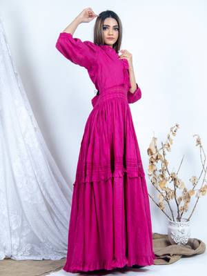 Pink plain cotton long-dresses 3