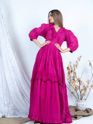 Pink plain cotton long-dresses 5