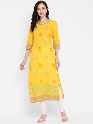 Yellow printed cotton cotton-kurtis 1
