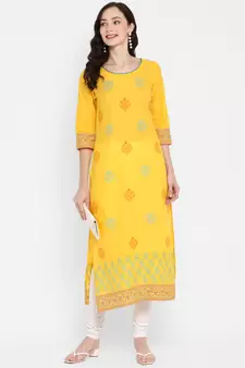 Yellow printed cotton cotton-kurtis