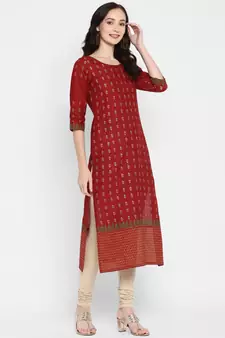 Dark-maroon printed cotton cotton-kurtis