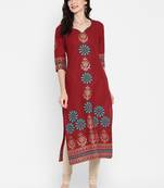 Dark-maroon printed cotton cotton-kurtis