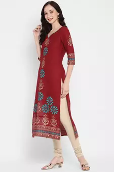 Dark-maroon printed cotton cotton-kurtis