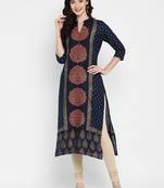 Dark-navy-blue printed cotton cotton-kurtis