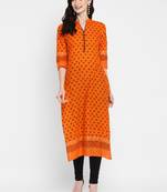 Orange printed cotton cotton-kurtis