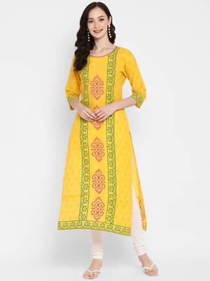 Yellow printed cotton cotton-kurtis 1