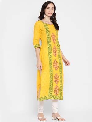 Yellow printed cotton cotton-kurtis 4