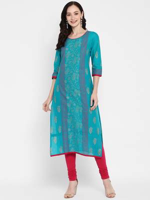 Turquoise printed cotton cotton-kurtis 1