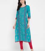 Turquoise printed cotton cotton-kurtis