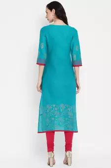 Turquoise printed cotton cotton-kurtis