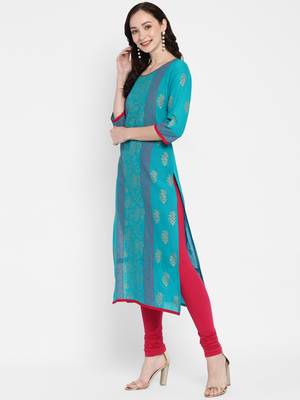 Turquoise printed cotton cotton-kurtis 3