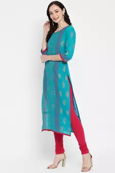 Turquoise printed cotton cotton-kurtis