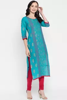 Turquoise printed cotton cotton-kurtis