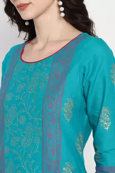 Turquoise printed cotton cotton-kurtis