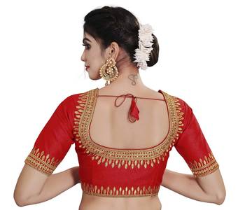 Red Color Embroidered Work Cotton Silk Readymade Saree Blouse  " 2