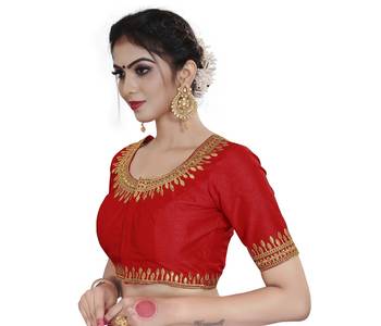 Red Color Embroidered Work Cotton Silk Readymade Saree Blouse  " 3