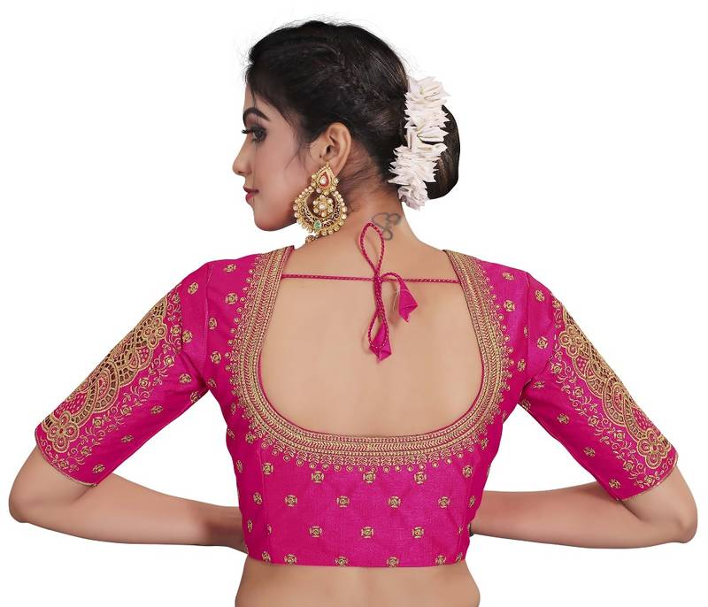 Pink  Color Embroidered Work Silk Wedding Wear Readymade Saree Blouse With Cutwork  Sleeve 