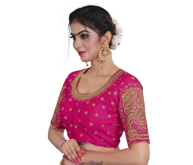 Pink  Color Embroidered Work Silk Wedding Wear Readymade Saree Blouse With Cutwork  Sleeve 