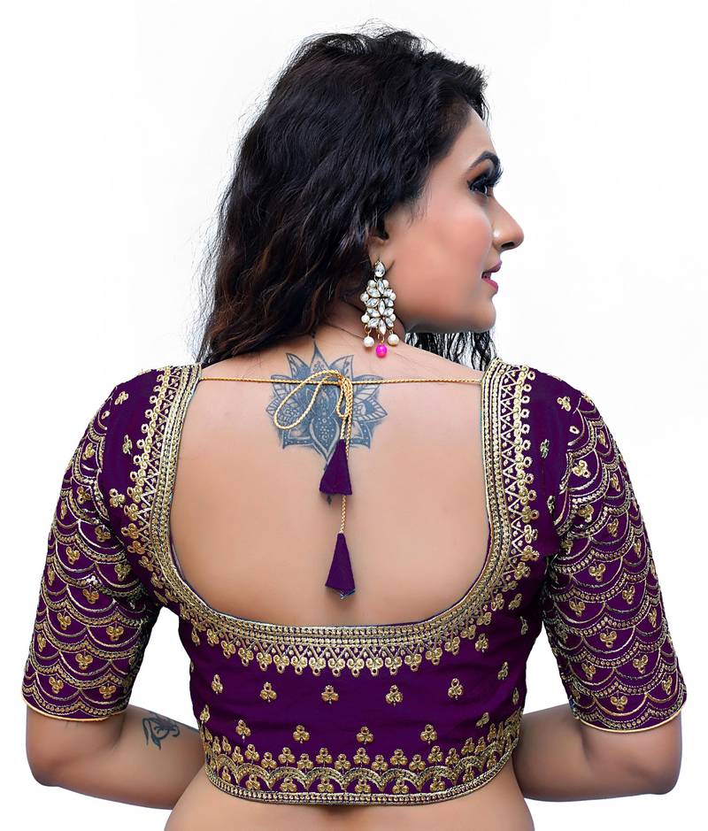 Purple  Color Embroidered Work Cotton Silk  Readymade Saree Blouse 